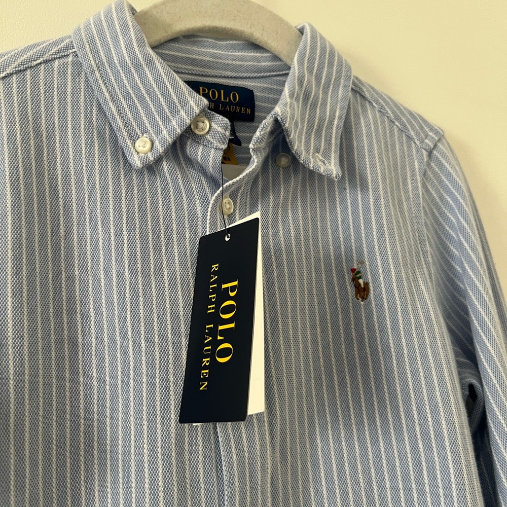 Polo by Ralph Lauren Blue White Striped Knit Cotton Oxford Shirt Boys 5 NWT